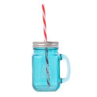 Teal Glass Mason Jar with Handle, Lid and Straw