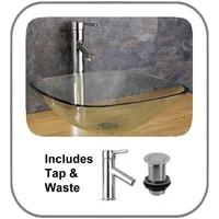 Terme 39cm Countertop Square Clear Glass Hand Basin with Tap and Waste