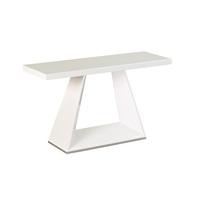 Teslin Glass Console Table In White Gloss With Steel Rim Base