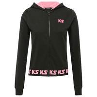 Teen girl black long sleeve zip through KS branded hem pink hooded sweater - Black