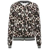 Teen girl long sleeve leopard print stripe trim zip down bomber jacket - Cream