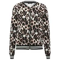 Teen girl long sleeve leopard print stripe trim zip down bomber jacket - Cream