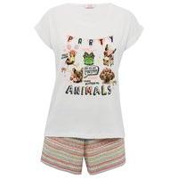 Teen girl short sleeve pull on pure cotton Party Animal t-shirt and shorts slogan pyjamas set - Multicolour