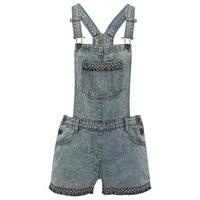 Teen girl 100% cotton blue acid wash adjustable strap Aztec trim denim dungarees - Denim