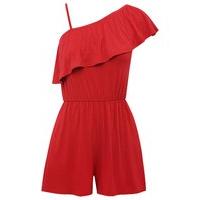 Teen girl plain red sleeveless one shoulder frill design stretch waist playsuit - Red