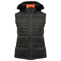 Teen girl plain black front zip pocket black faux fur trimmed hood contrast lining zip through gilet - Black