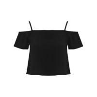 Teen girl short sleeve plain black thin strap cold shoulder design crop top - Black