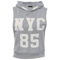 Teen girls grey marl NYC 85 sleeveless slogan pull on hooded jersey top - Grey Marl