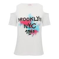 Teen girl white Brooklyn slogan spray paint print cold shoulder design t-shirt - White