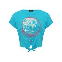 Teen girl 100% cotton turquoise short sleeve Malibu beach print tie hem crop top - Turquoise