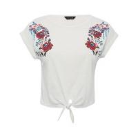 Teen girl 100% cotton short sleeve white floral shoulder print tie hem t-shirt - White