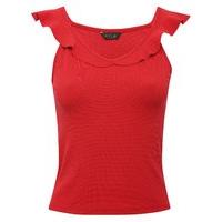 Teen girl cotton rich plain red ribbed frill neckline vest top - Red