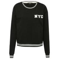 Teen girl black and white striped trim NYC slogan pull on long sleeve sweater top - Black