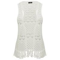 Teen girl cream sleeveless knitted crochet open front fringe hem boho style racer back waistcoat - Cream