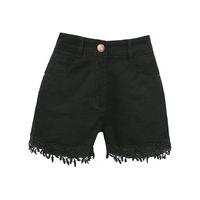 Teen girl pure cotton plain black crochet hem high waist fit denim shorts - Black