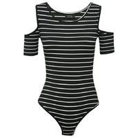 Teen girl black and white stripe cold shoulder all in one jersey bodysuit - Black