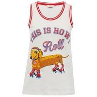 Teen girl white red trim sleeveless round neck roller blading sausage dog print slogan pyjama top - White
