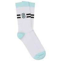 Teen girl stripe S initial blue trim cotton rich everyday ankle socks - White