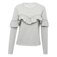 Teen girls cotton rich long sleeve cew neck grey marl Ruffle front sweater top - Grey Marl