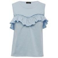 Teen girl pale blue sleeveless round neck pure cotton front frill detail longer length crop top - Blue