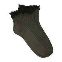 Teen girl khaki cotton rich stretch fabric ribbed detail with black lace frill trim ankle socks - Khaki