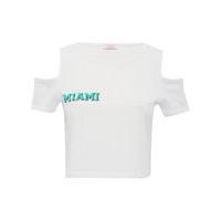 Teen girl 100% cotton white short sleeve Miami slogan number back cold shoulder t-shirt - White