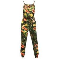 Teen girl black floral tropical print spaghetti strap elasticated waist pocket front jumpsuit - Black