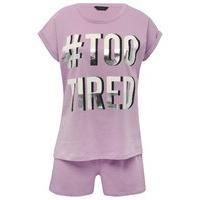 Teen girl short sleeve pull on pure cotton too tired t-shirt and shorts slogan pyjamas set - Purple
