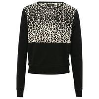Teen girls pure cotton long sleeve crew neck Colour block leopard animal print sweater - Black
