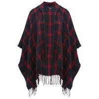 Teen Girls Open Front Navy And Red Grid Check Print Tassel Hem Wrap One Size - Navy