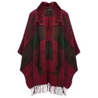 Teen girl red block check faux fur collar open front wrap - Burgundy