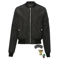 Teen girl black long sleeve side pocket silver zip sew on badge detail bomber jacket - Black
