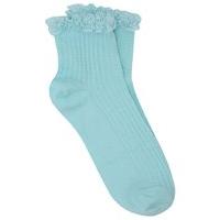 Teen girl plain ribbed frilly lace trim cotton rich everyday ankle socks - Mint
