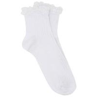 Teen girl plain ribbed frilly lace trim cotton rich everyday ankle socks - White