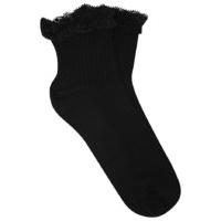 Teen girl plain ribbed frilly lace trim cotton rich everyday ankle socks - Black