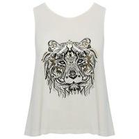 Teen girl white sleeveless black and gold foil lion graphic print swing fit vest top - Cream