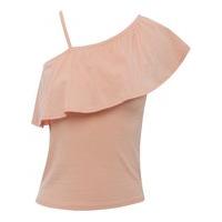 Teen girl plain cotton rich short sleeve one shoulder frill design top - Pink