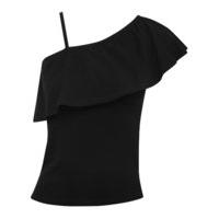 Teen girl plain cotton rich short sleeve one shoulder frill design top - Black