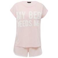 Teen girl 100% cotton pale pink My Bed Needs Me slogan short sleeve t-shirt and shorts pyjama set - Pink