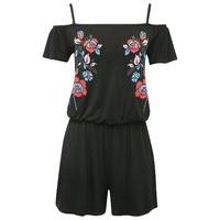 Teen girl viscose stretch black floral print short sleeve cold shoulder stretch waist playsuit - Black