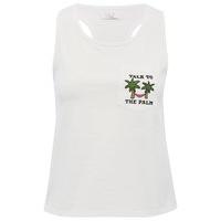 Teen girl cotton rich white sleeveless scoop neck palm tree slogan chest pocket racer back vest top - White