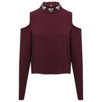 Teen Girls Long Sleeve Diamante Embellished Collar high neck top With Cold Shoulder Detail - Wine Red