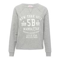 Teen girl grey pull on long sleeve ribbed trim New York City pull on slogan sweater top - Grey Marl