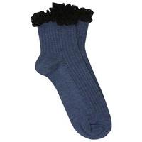 Teen girl plain ribbed frilly lace trim cotton rich everyday ankle socks - Denim Blue