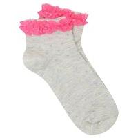 Teen girl grey marl with metallic thread spot pattern neon pink lace frill trim ankle socks - Grey Marl