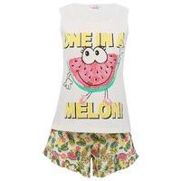 Teen girl cotton rich fruit print slogan vest top and stretch waist frill hem shorts pyjamas - Multicolour