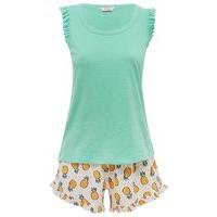 Teen girl cotton rich mint green short frill sleeve top and pineapple print shorts pyjama set - Multicolour