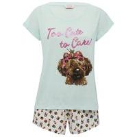 Teen girl short sleeve stretch waist too cute to care slogan puppy print matching pyjama set - Multicolour