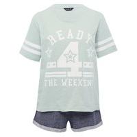 Teen girl cotton rich mint green short sleeve weekend slogan t-shirt and shorts pyjama set - Multicolour