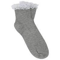 Teen girl plain ribbed frilly lace trim cotton rich everyday ankle socks - Grey Marl